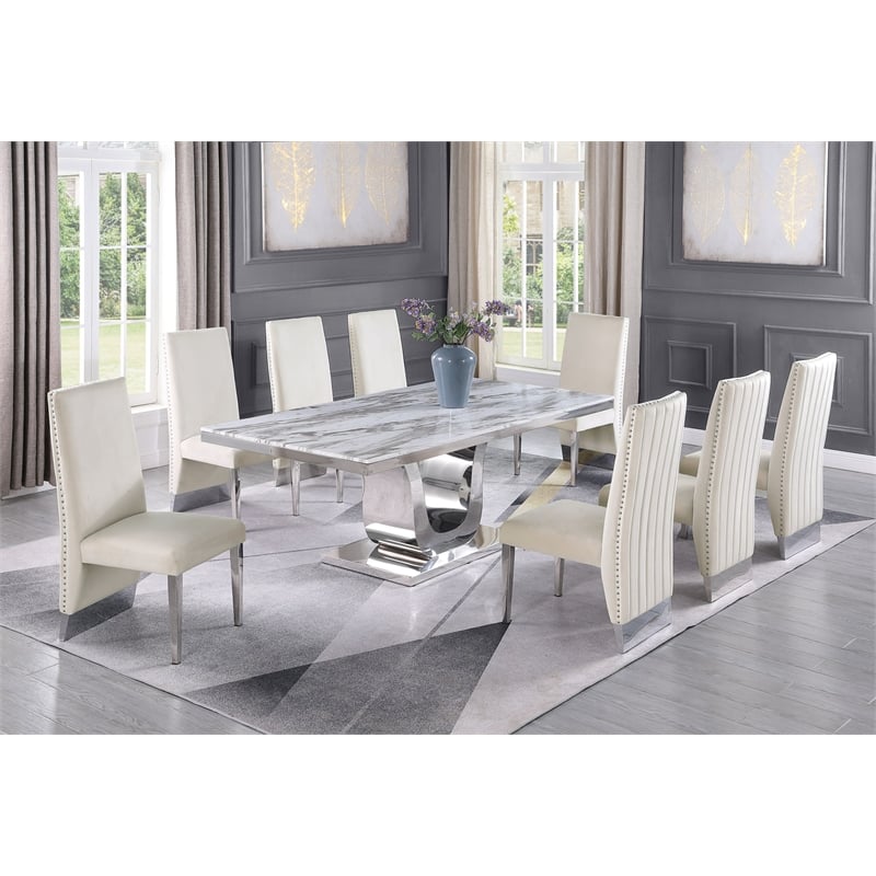 Silver Stainless Steel 9 Piece Dining Set with Marble Table and Cream Chairs
