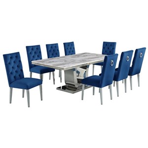 silver stainless steel 9 piece dining set with marble table and navy chairs