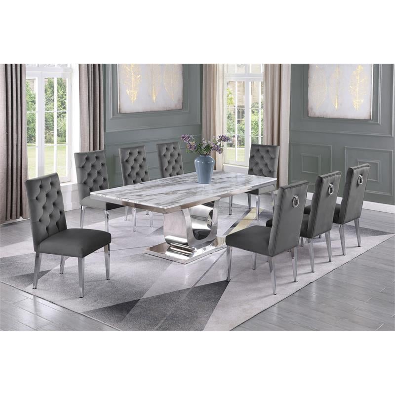 Silver Stainless Steel 9 Piece Dining Set with Marble Table and Gray Chairs