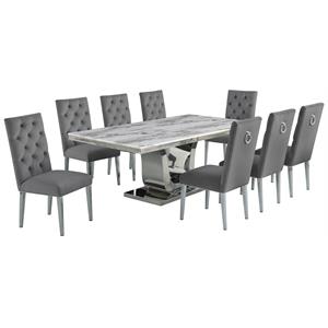 Silver Stainless Steel 9 Piece Dining Set with Marble Table and Gray Chairs