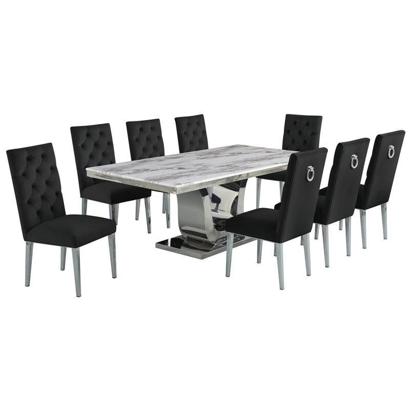 Silver Stainless Steel 9 Piece Dining Set with Marble Table and Black Chairs