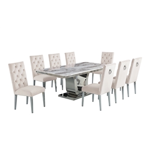 Silver Stainless Steel 9 Piece Dining Set w Marble Table and Cream Chairs