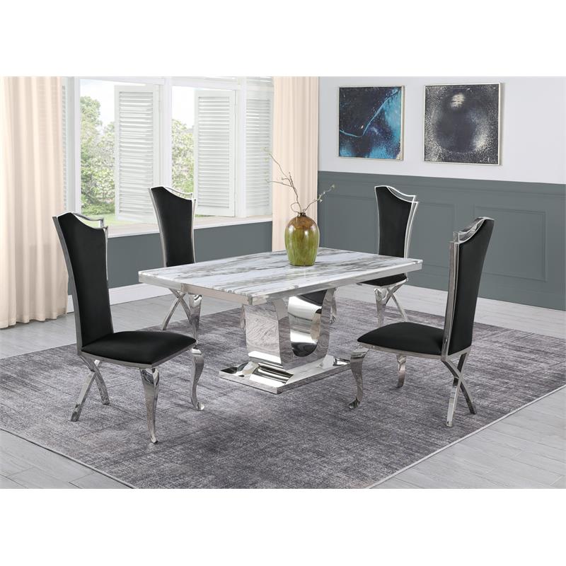 White Marble 5 piece Dining Set with Silver Stainless Steel Base