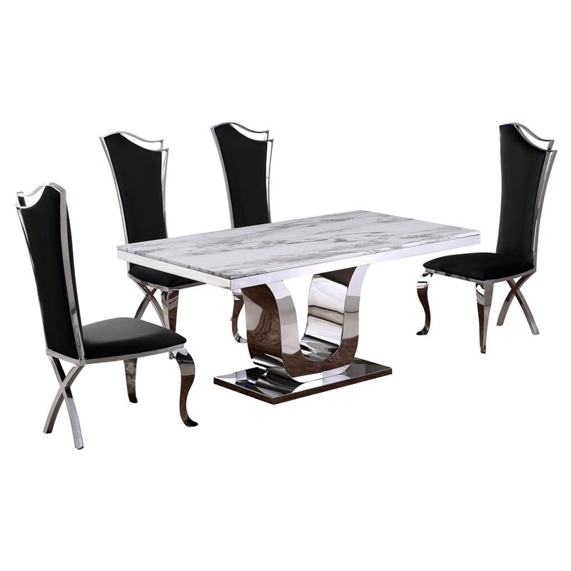 White Marble 5 piece Dining Set with Silver Stainless Steel Base