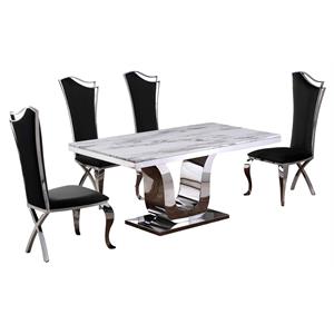 White Marble 5 piece Dining Set with Silver Stainless Steel Base