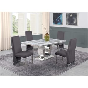 White Marble 5 piece Dining Set with Silver Stainless Steel Base