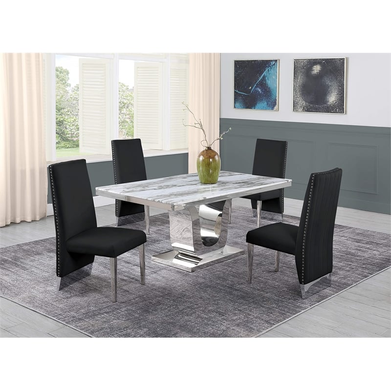 White Marble 5 piece Dining Set with Silver Stainless Steel Base