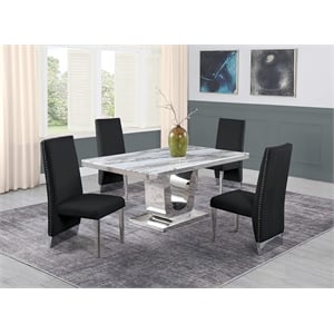 White Marble 5 piece Dining Set with Silver Stainless Steel Base