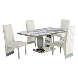 White Marble 5 piece Dining Set with Silver Stainless Steel Base