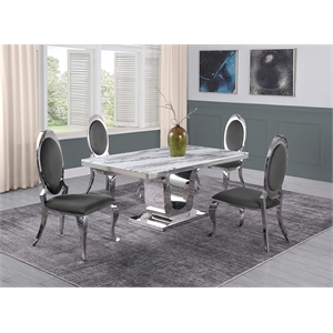 White Marble 5 piece Dining Set with Silver Stainless Steel Base