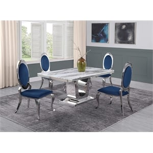 White Marble 5 piece Dining Set with Silver Stainless Steel Base