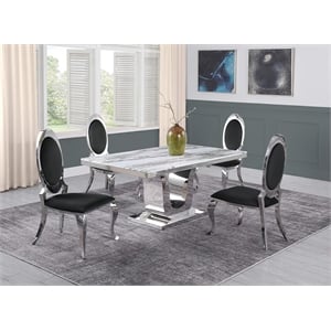 White Marble 5 piece Dining Set with Silver Stainless Steel Base