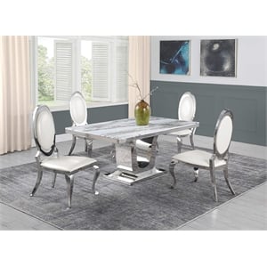 White Marble 5 piece Dining Set with Silver Stainless Steel Base