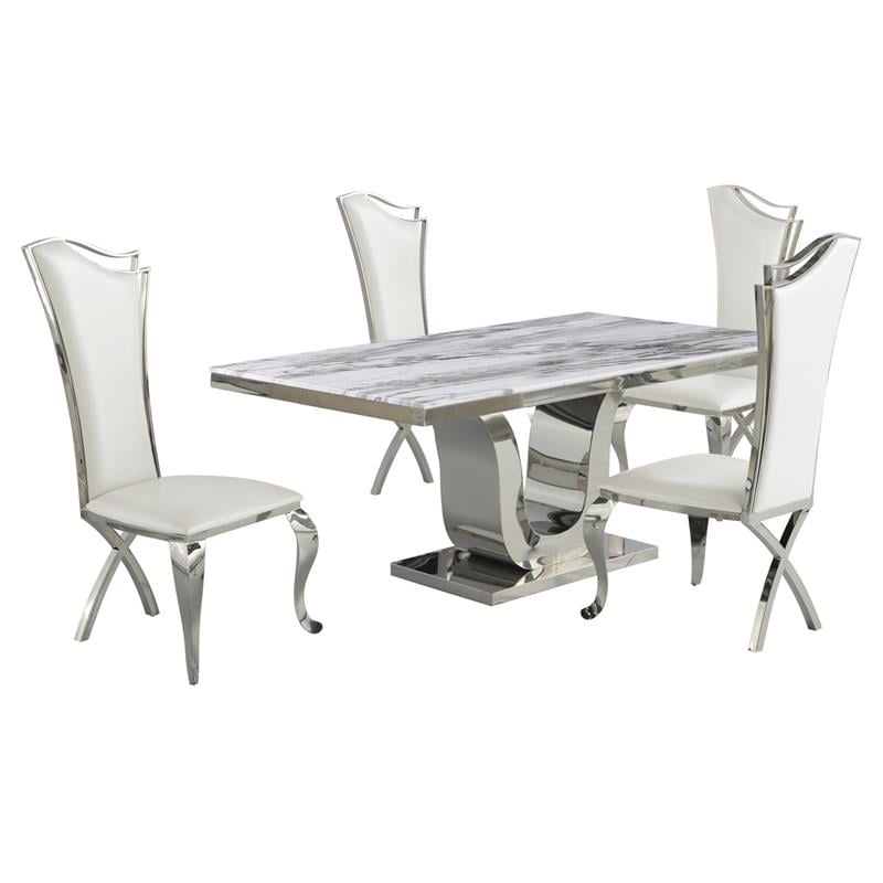 White Marble 5 piece Dining Set with Silver Stainless Steel Base