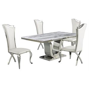 White Marble 5 piece Dining Set with Silver Stainless Steel Base