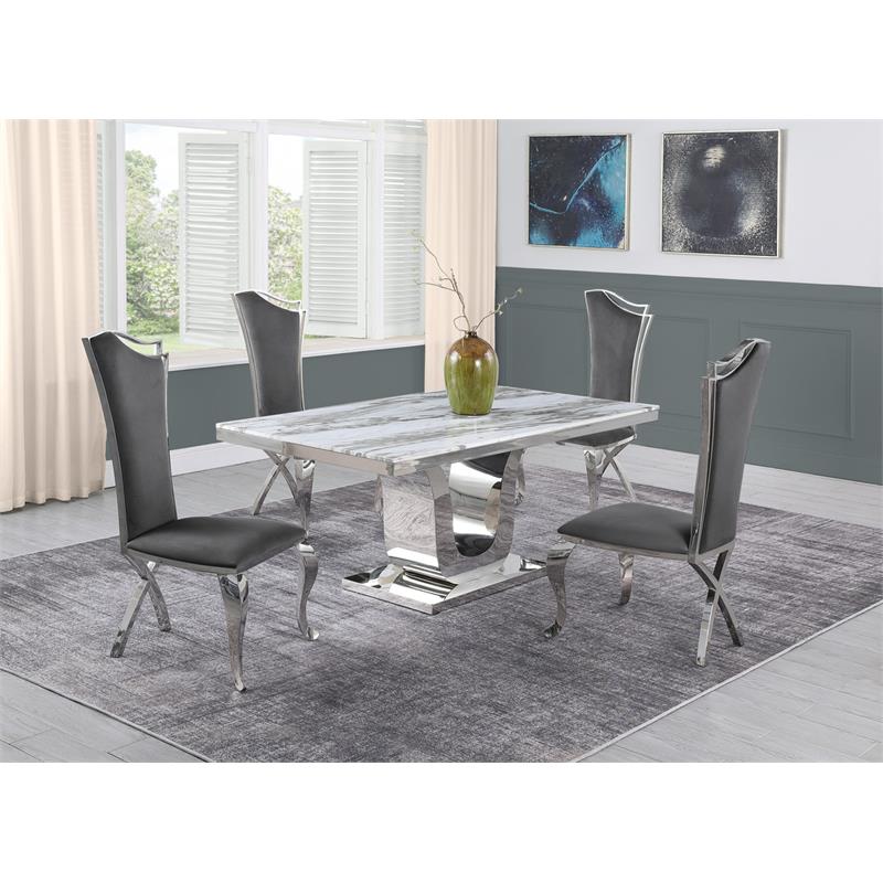 White Marble 5 piece Dining Set with Silver Stainless Steel Base