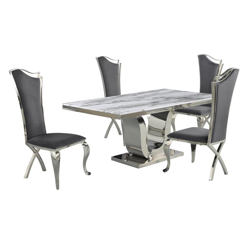 White Marble 5 piece Dining Set with Silver Stainless Steel Base