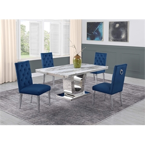 White Marble 5 piece Dining Set with Silver Stainless Steel Base