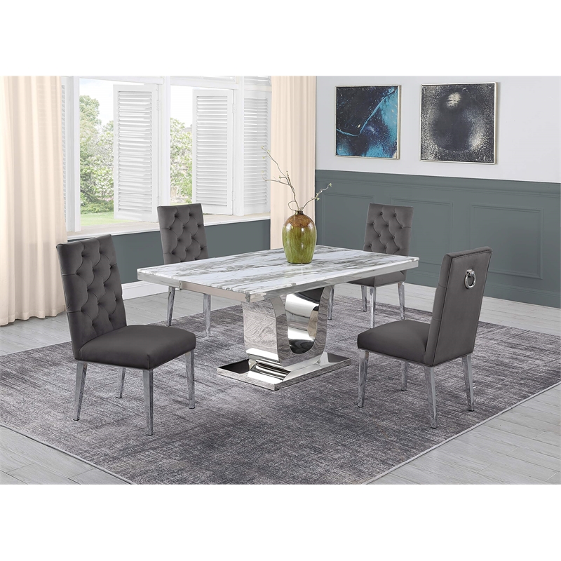White Marble 5 piece Dining Set with Silver Stainless Steel Base
