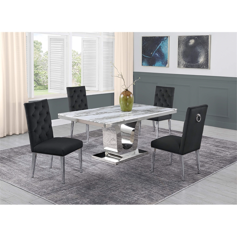 White Marble 5 piece Dining Set with Silver Stainless Steel Base