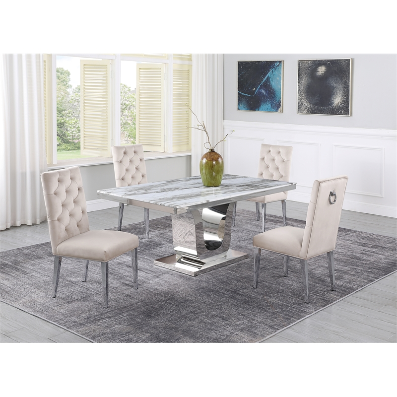 White Marble 5 piece Dining Set with Silver Stainless Steel Base