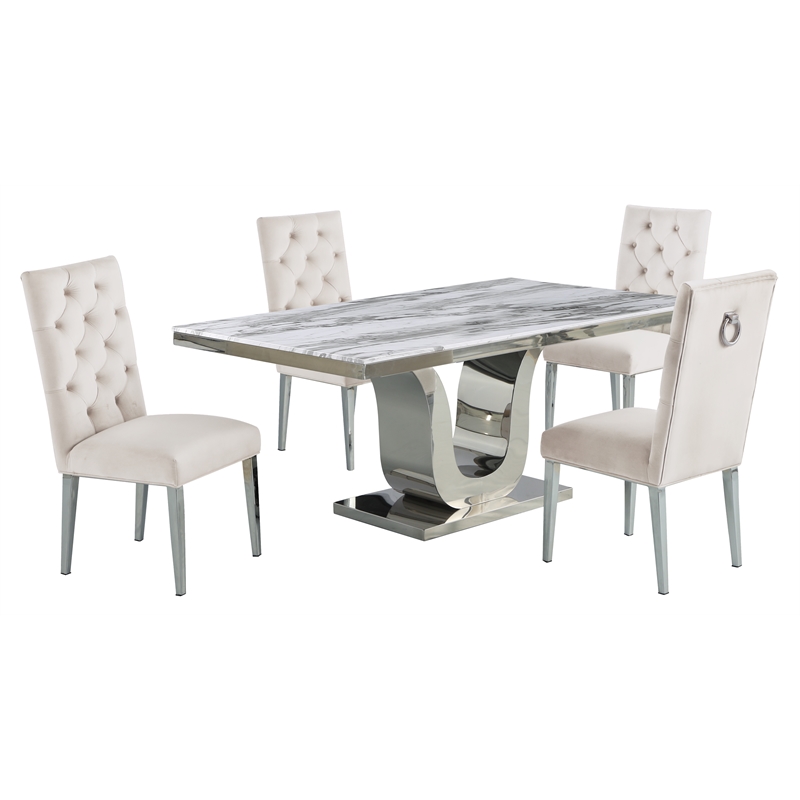 White Marble 5 piece Dining Set with Silver Stainless Steel Base