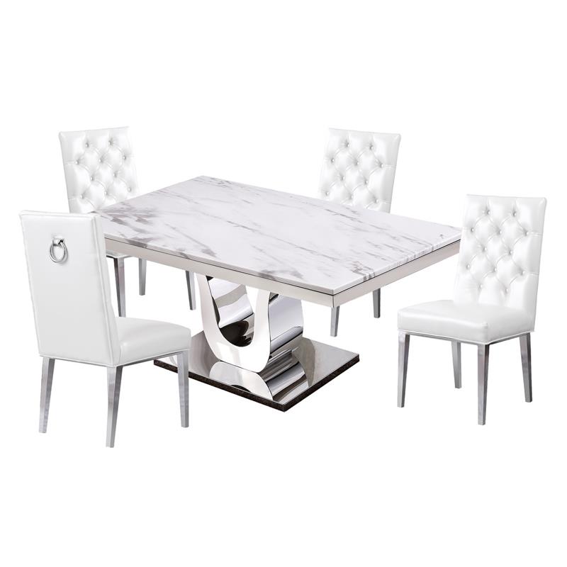 White Marble 5 piece Dining Set with Silver Stainless Steel Base