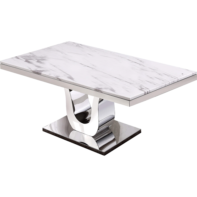 White Marble 7 piece Dining Set with Silver Stainless Steel Base