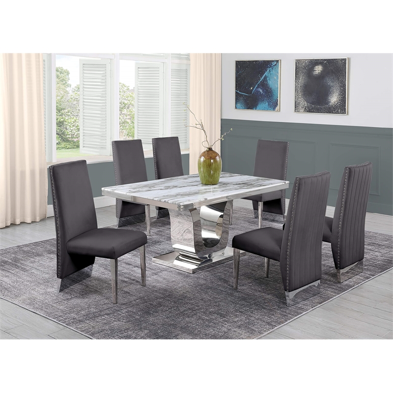 White Marble 7 piece Dining Set with Silver Stainless Steel Base
