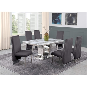 White Marble 7 piece Dining Set with Silver Stainless Steel Base