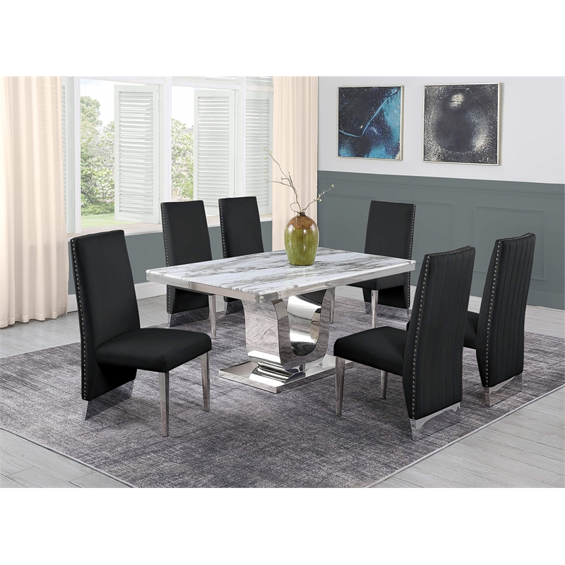 White Marble 7 piece Dining Set with Silver Stainless Steel Base