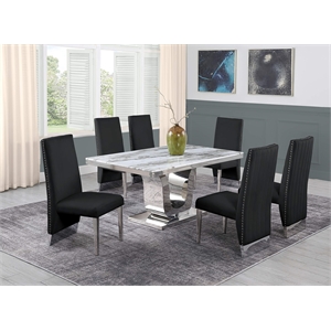 White Marble 7 piece Dining Set with Silver Stainless Steel Base