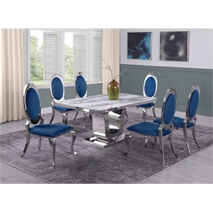 White Marble 7 piece Dining Set with Silver Stainless Steel Base