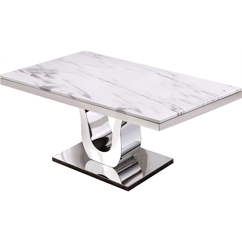 White Marble 7 piece Dining Set with Silver Stainless Steel Base