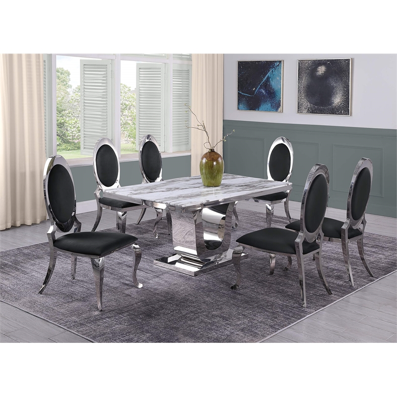 White Marble 7 piece Dining Set with Silver Stainless Steel Base