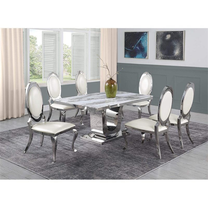 White Marble 7 piece Dining Set with Silver Stainless Steel Base