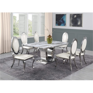 White Marble 7 piece Dining Set with Silver Stainless Steel Base