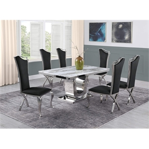 White Marble 7 piece Dining Set with Silver Stainless Steel Base