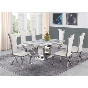 White Marble 7 piece Dining Set with Silver Stainless Steel Base