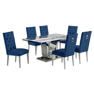 White Marble 7 piece Dining Set with Silver Stainless Steel Base