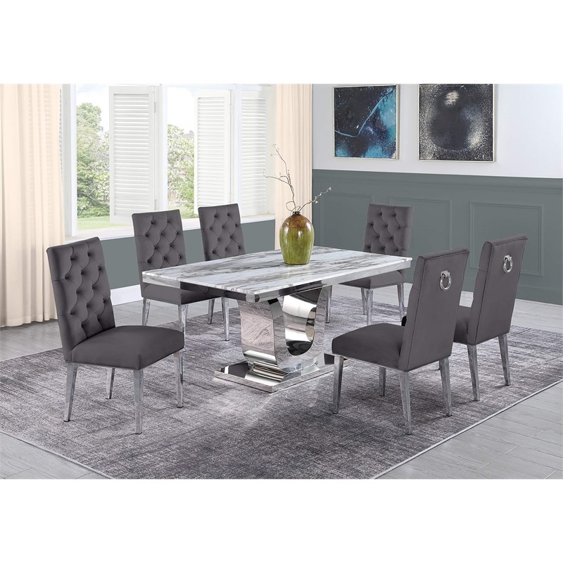 White Marble 7 piece Dining Set with Silver Stainless Steel Base