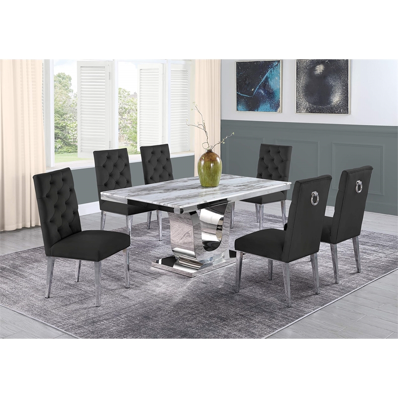 White Marble 7 piece Dining Set with Silver Stainless Steel Base