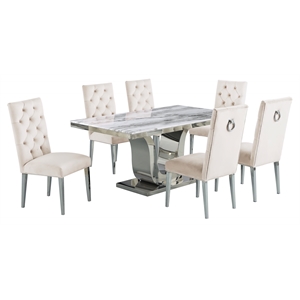 White Marble 7 piece Dining Set with Silver Stainless Steel Base