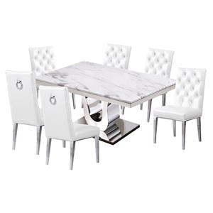 White Marble 7 piece Dining Set with Silver Stainless Steel Base