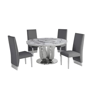 6pc. White Marble Dining Set with Lazy Susan and Silver Stainless Steel