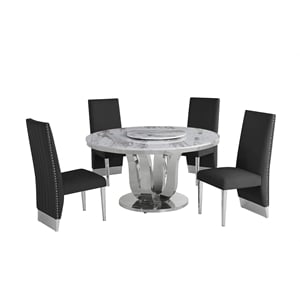 6pc. White Marble Dining Set with Lazy Susan and Silver Stainless Steel