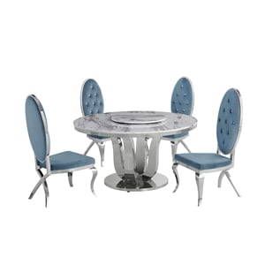 6pc. White Marble Dining Set with Lazy Susan and Silver Stainless Steel