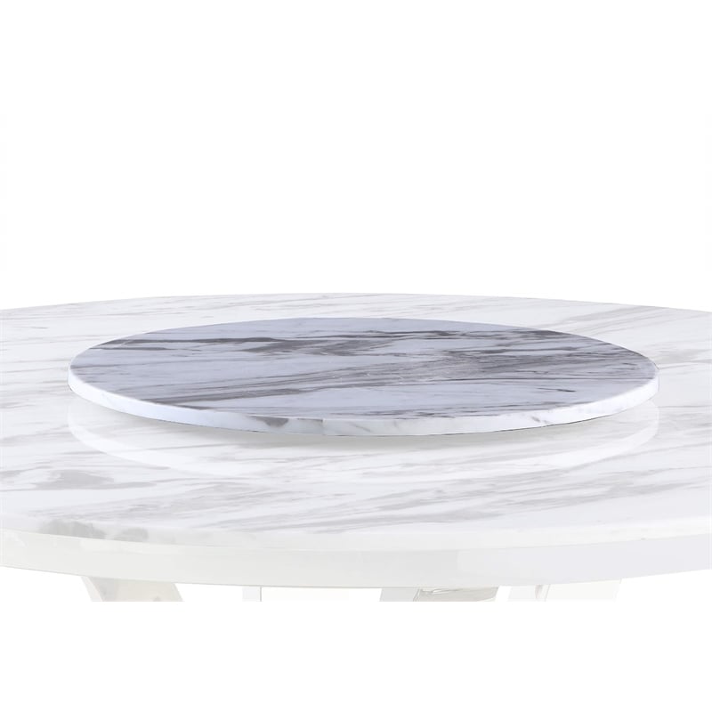 6pc. White Marble Dining Set with Lazy Susan and Silver Stainless Steel