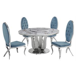 6pc. white marble dining set with lazy susan and silver stainless steel