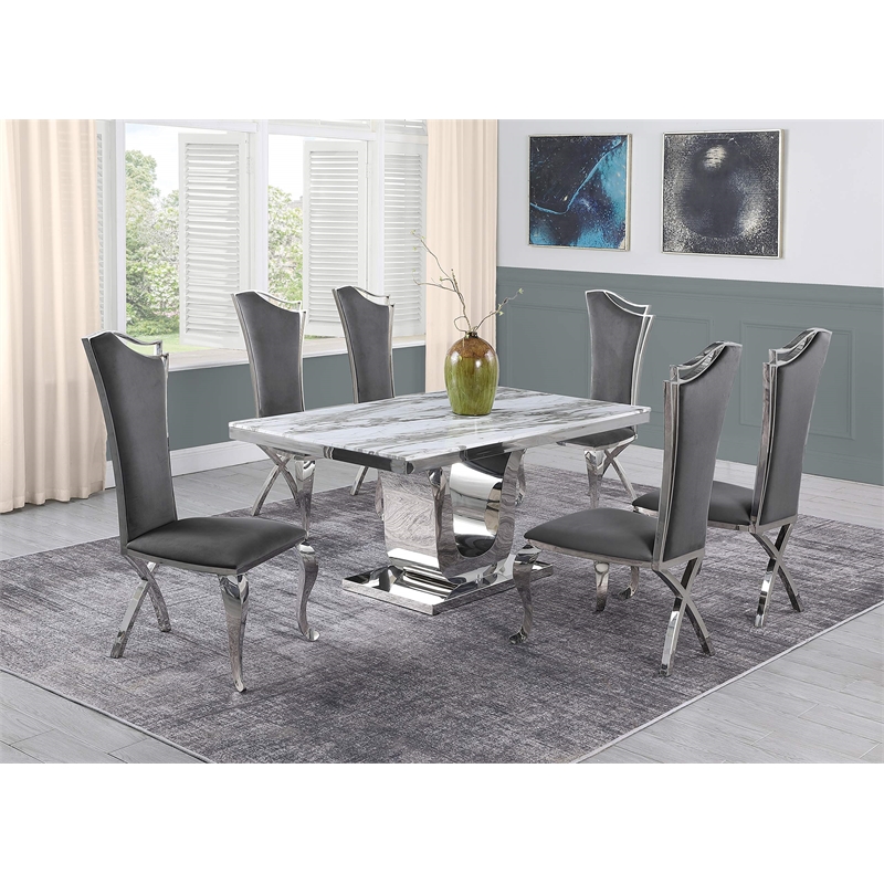 White Marble 7 piece Dining Set with Silver Stainless Steel Base